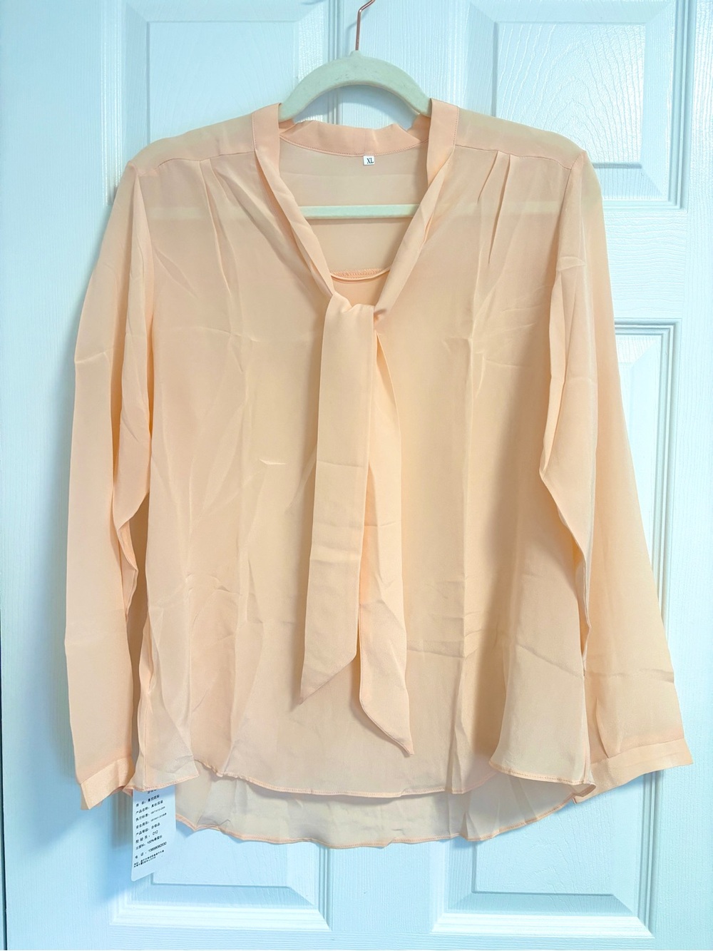 100% Mulberry Silk Tie-Neck Blouse Long Sleeve Top
